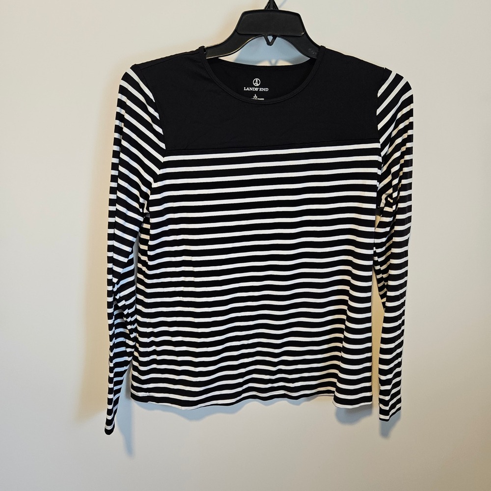 Lands End Long Sleeve Shirt Large 14-16 Black White Striped Stretch Sun Swim